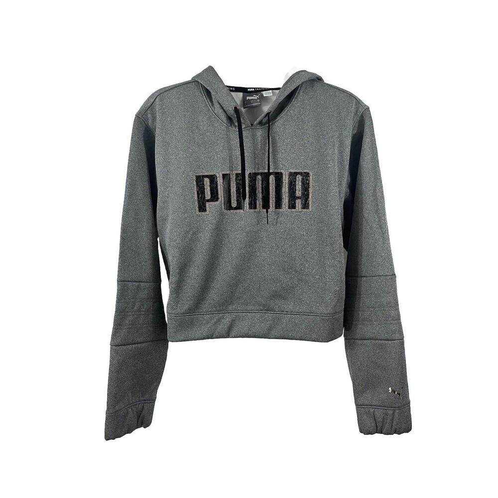 PUMA Moto Heather Gray Warmcell Cropped Distressed Logo Hoodie NWT Large